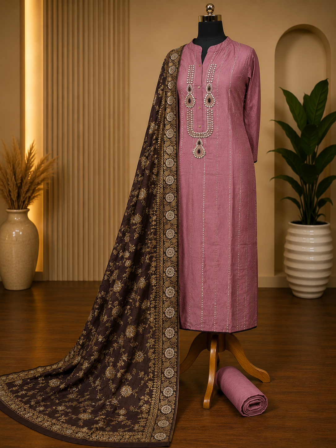 Rose Mauve Upada Silk Suit Set with Dola Banarasi Dupatta & Kundan Handwork