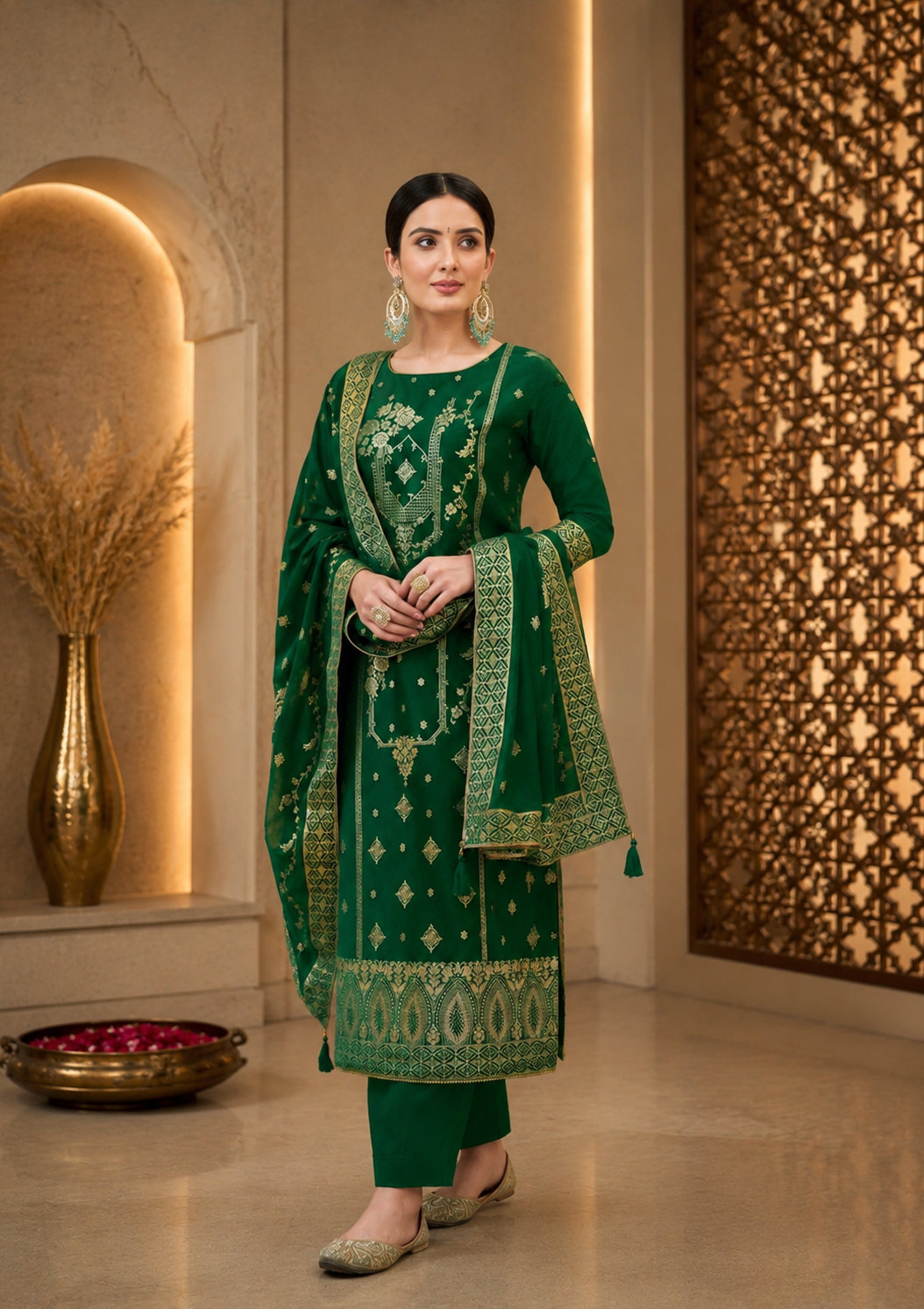 Emerald Green Mul Chanderi Suit Set with Banarasi Weaving Dupatta