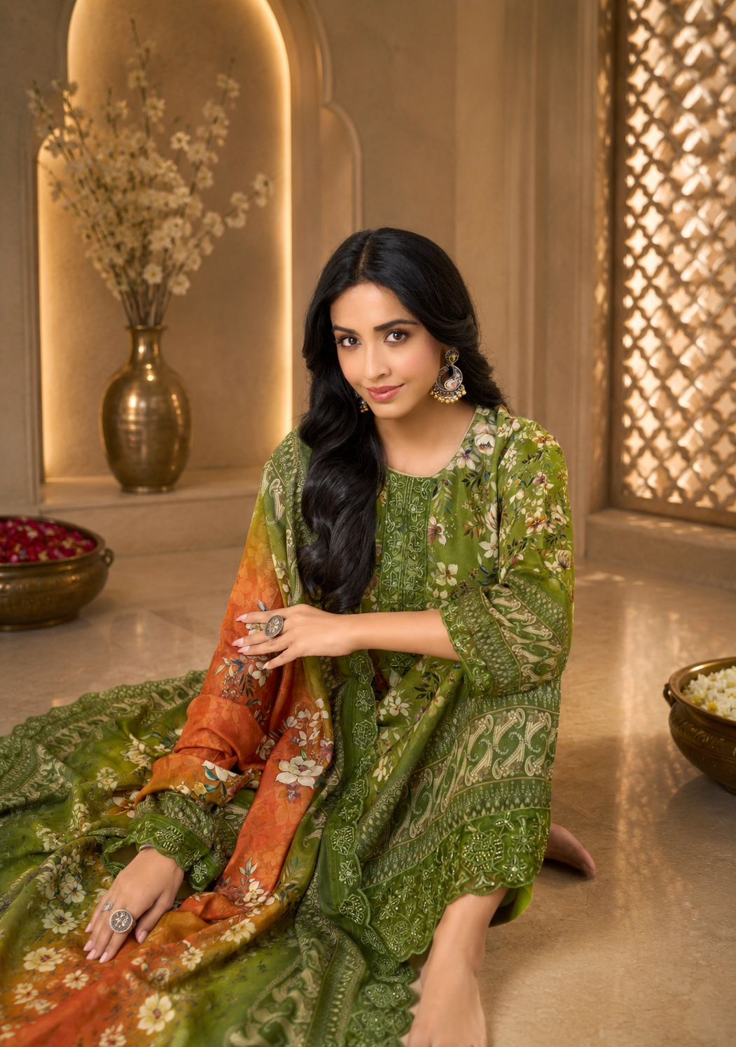 Premium Olive Green Pure Muslin Suit Set with Thread Embroidery & Handwork