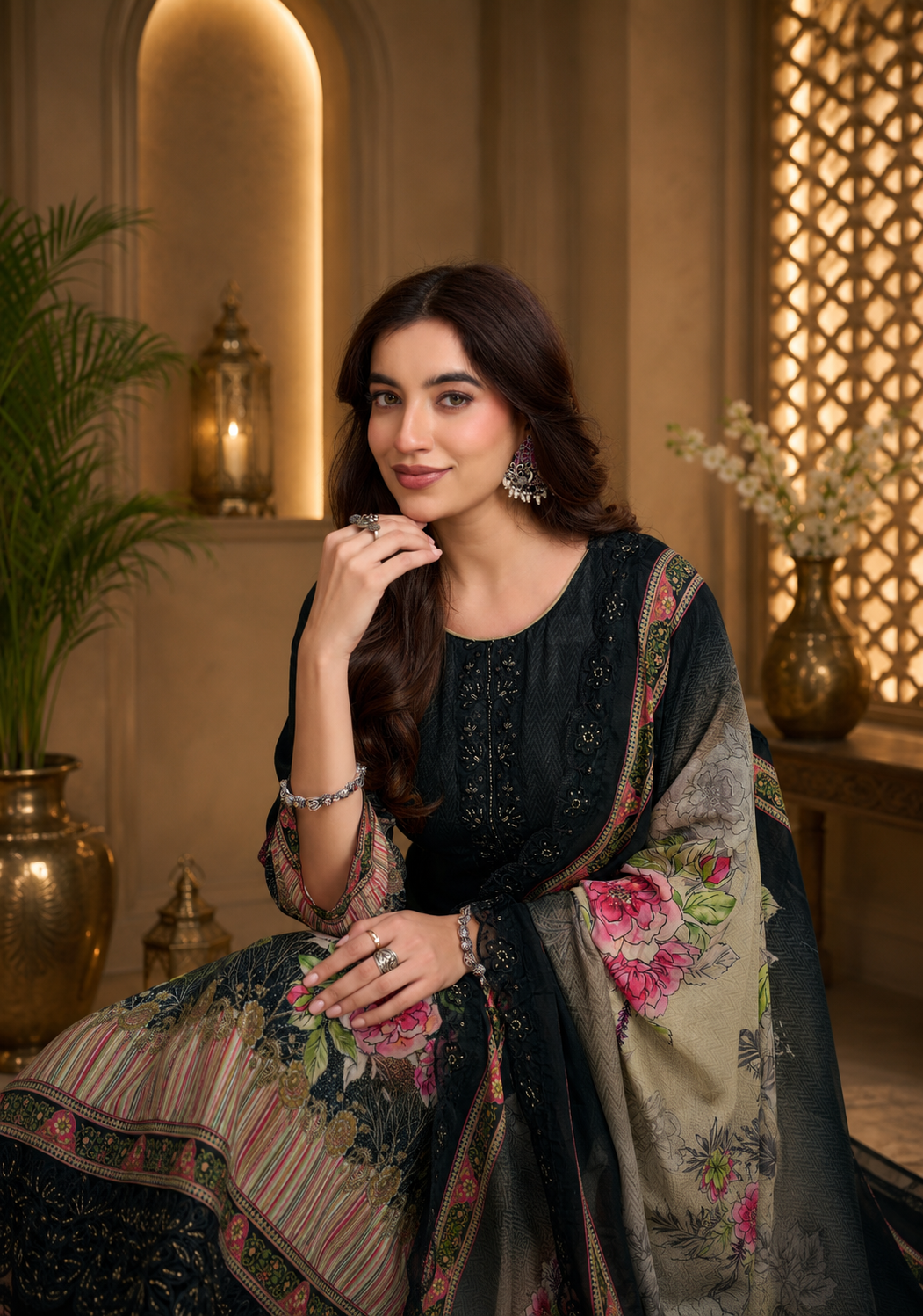 Premium Black Pure Muslin Suit Set with Thread Embroidery & Handwork