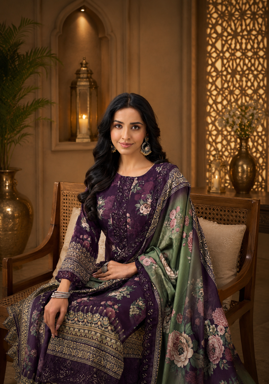 Premium Plum Pure Muslin Suit Set with Thread Embroidery & Handwork
