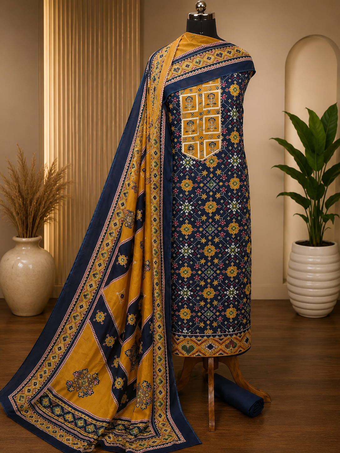 Royal Navy Blue Patola Print Jam Cotton Suit Set with Muslin Dupatta