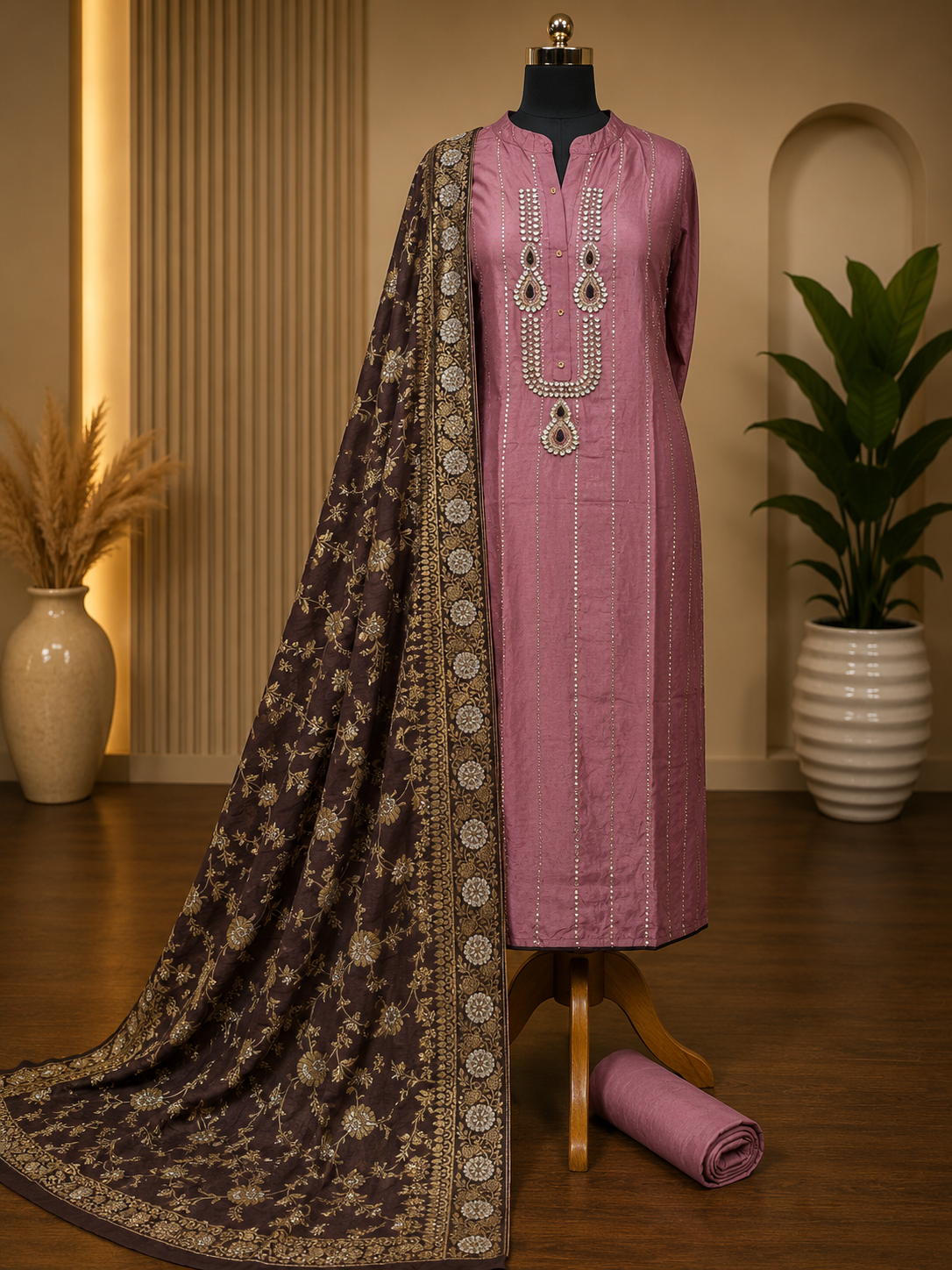 Rose Mauve Upada Silk Suit Set with Dola Banarasi Dupatta & Kundan Handwork