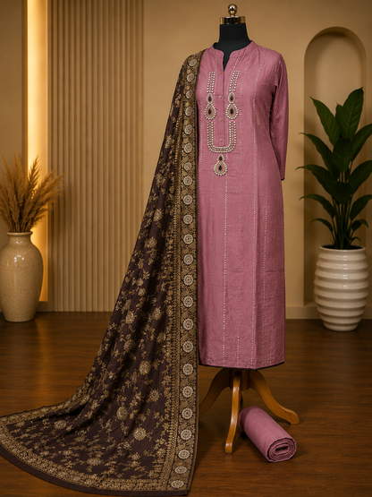 Rose Mauve Upada Silk Suit Set with Dola Banarasi Dupatta & Kundan Handwork