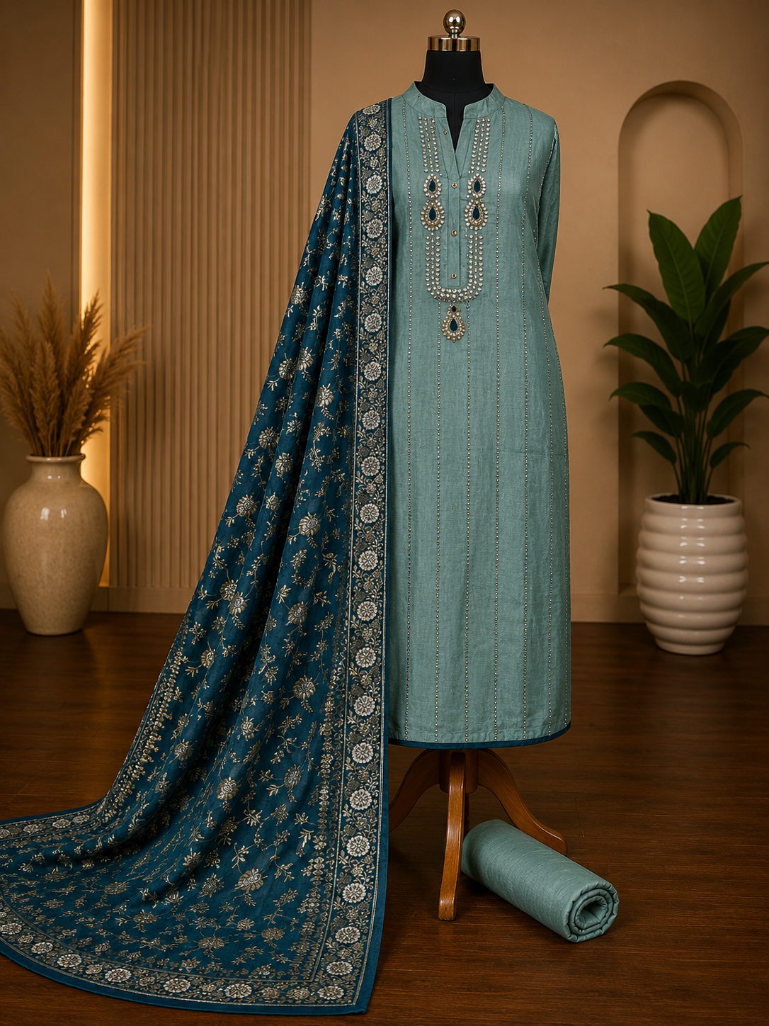 Sea Green Upada Silk Suit Set with Dola Banarasi Dupatta & Kundan Handwork