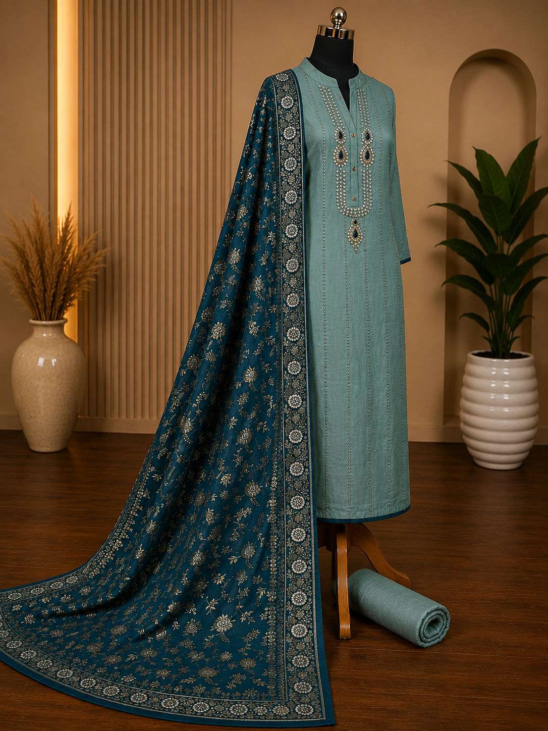 Sea Green Upada Silk Suit Set with Dola Banarasi Dupatta & Kundan Handwork