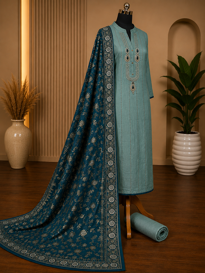 Sea Green Upada Silk Suit Set with Dola Banarasi Dupatta & Kundan Handwork