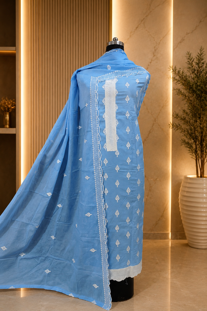 Sky Blue Cotton Suit Set with Mul Cotton Dupatta & Thread Embroidery