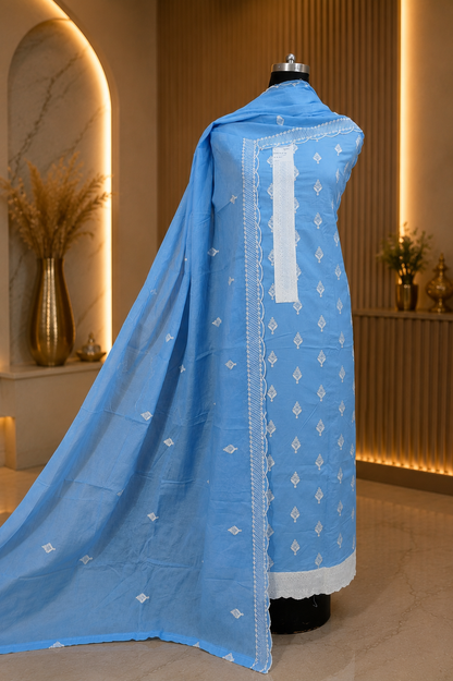 Sky Blue Cotton Suit Set with Mul Cotton Dupatta & Thread Embroidery