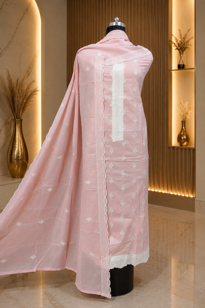 Blush Pink Cotton Suit Set with Mul Cotton Dupatta & Thread Embroidery