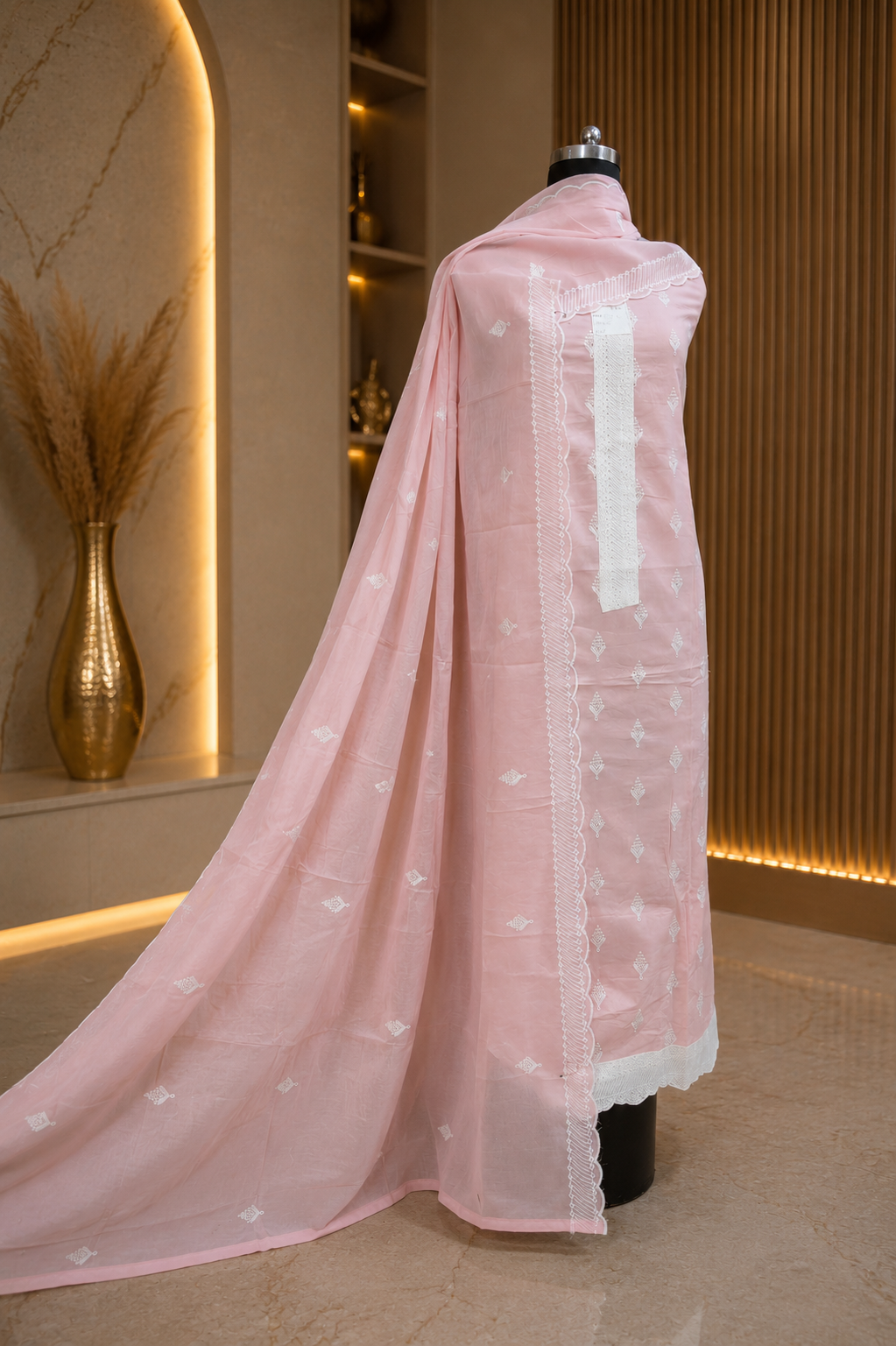 Blush Pink Cotton Suit Set with Mul Cotton Dupatta & Thread Embroidery