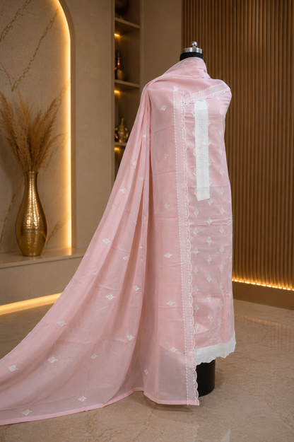 Blush Pink Cotton Suit Set with Mul Cotton Dupatta & Thread Embroidery