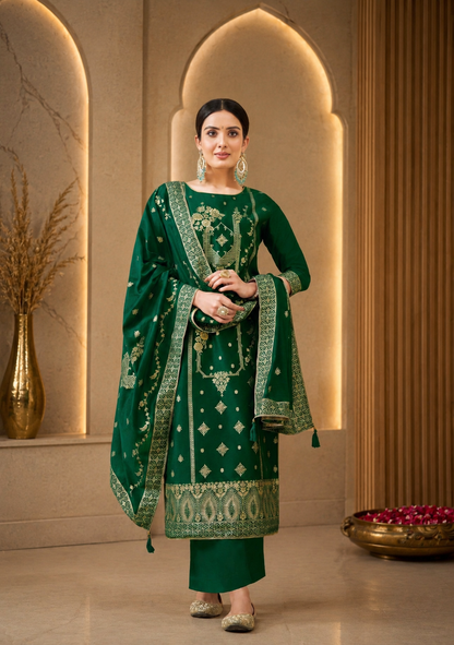 Emerald Green Mul Chanderi Suit Set with Banarasi Weaving Dupatta