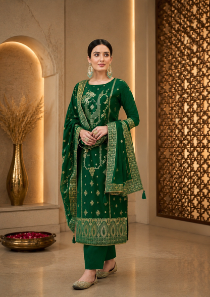 Emerald Green Mul Chanderi Suit Set with Banarasi Weaving Dupatta