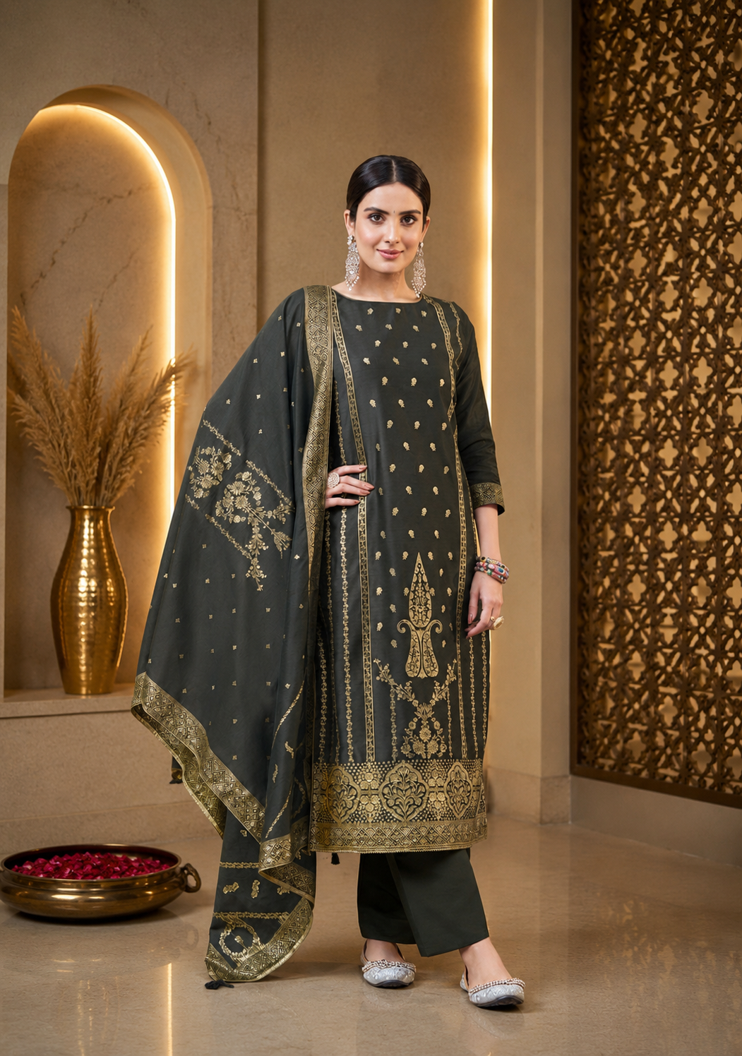 Charcoal Black Mul Chanderi Suit Set with Banarasi Weaving Dupatta