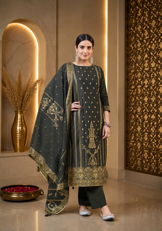 Charcoal Black Mul Chanderi Suit Set with Banarasi Weaving Dupatta
