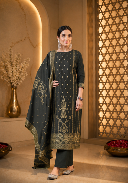 Charcoal Black Mul Chanderi Suit Set with Banarasi Weaving Dupatta