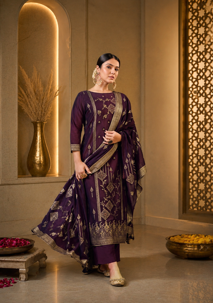 Royal Purple Mul Chanderi Suit Set with Banarasi Weaving Dupatta