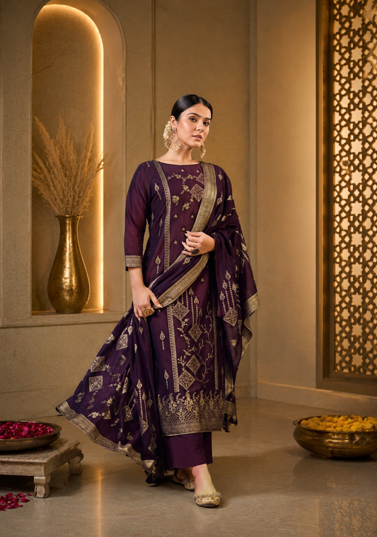 Royal Purple Mul Chanderi Suit Set with Banarasi Weaving Dupatta