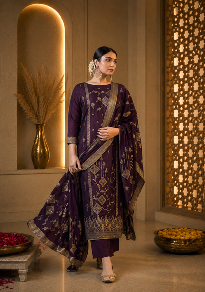 Royal Purple Mul Chanderi Suit Set with Banarasi Weaving Dupatta