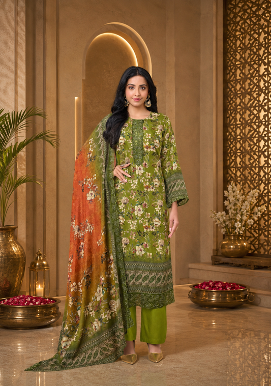 Premium Olive Green Pure Muslin Suit Set with Thread Embroidery & Handwork