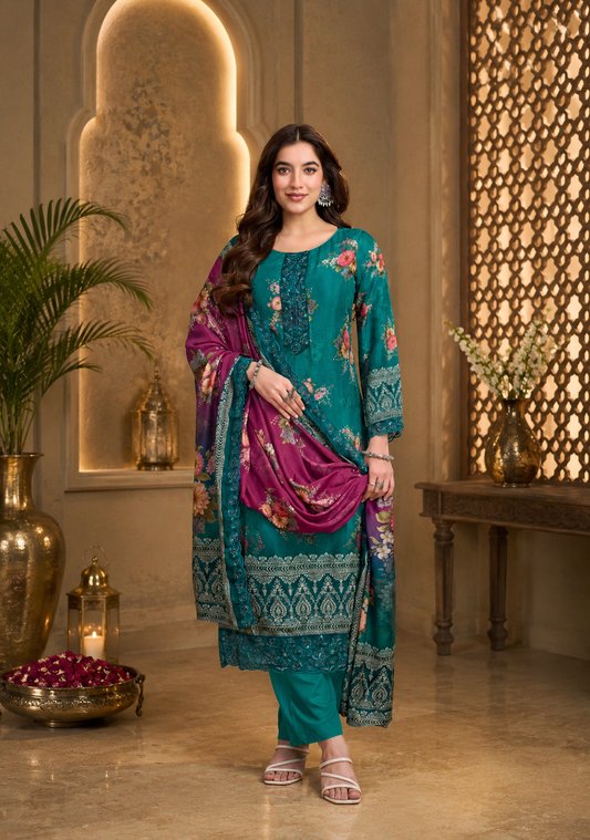 Premium Teal Pure Muslin Suit Set with Thread Embroidery & Handwork