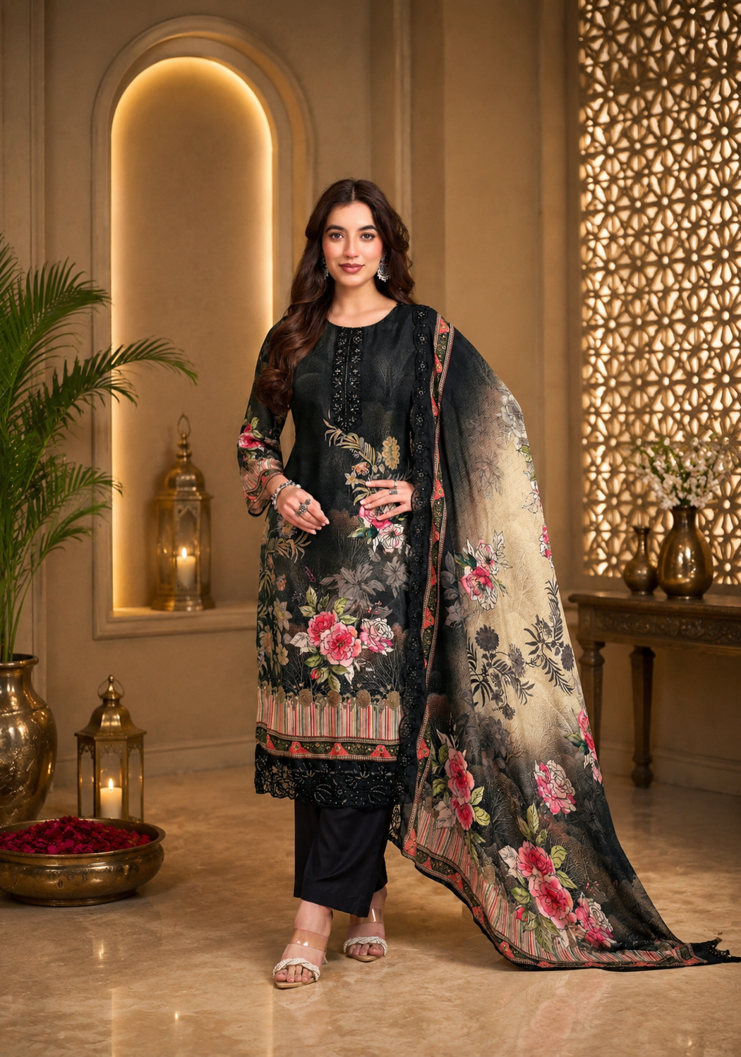 Premium Black Pure Muslin Suit Set with Thread Embroidery & Handwork
