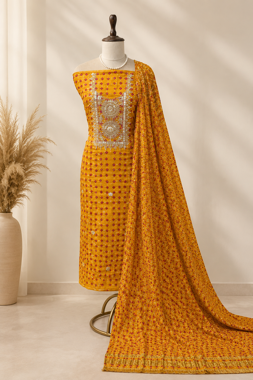 Sunshine Bandhej Gaji Silk Suit Set with Gaji Silk Dupatta
