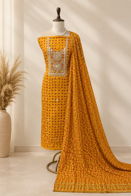 Sunshine Bandhej Gaji Silk Suit Set with Gaji Silk Dupatta