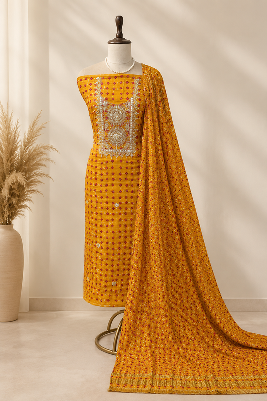 Sunshine Bandhej Gaji Silk Suit Set with Gaji Silk Dupatta