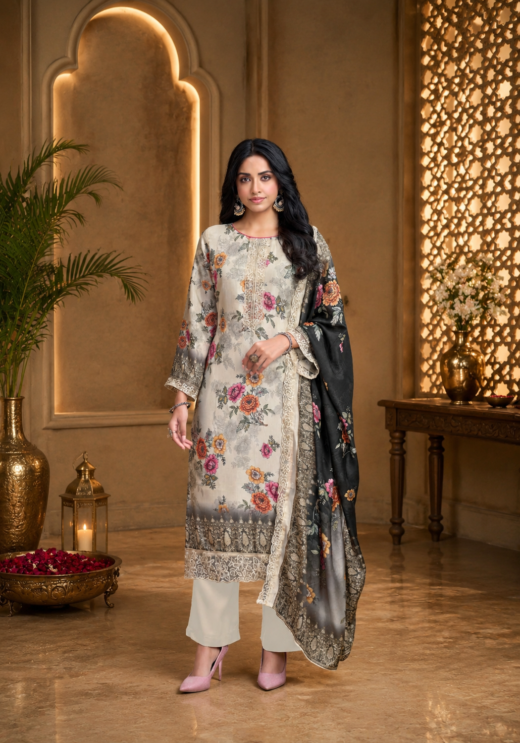Premium Ivory Pure Muslin Suit Set with Thread Embroidery & Handwork