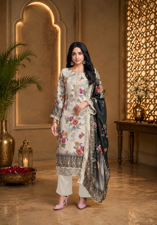 Premium Ivory Pure Muslin Suit Set with Thread Embroidery & Handwork