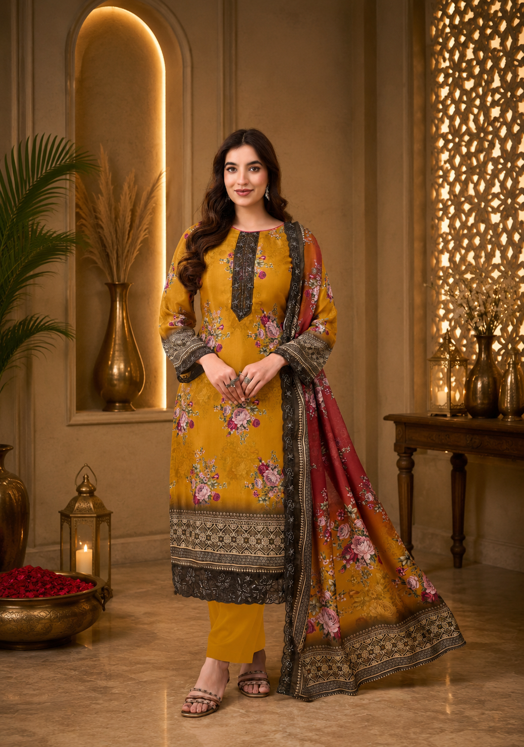 Premium Mustard Pure Muslin Suit Set with Thread Embroidery & Handwork