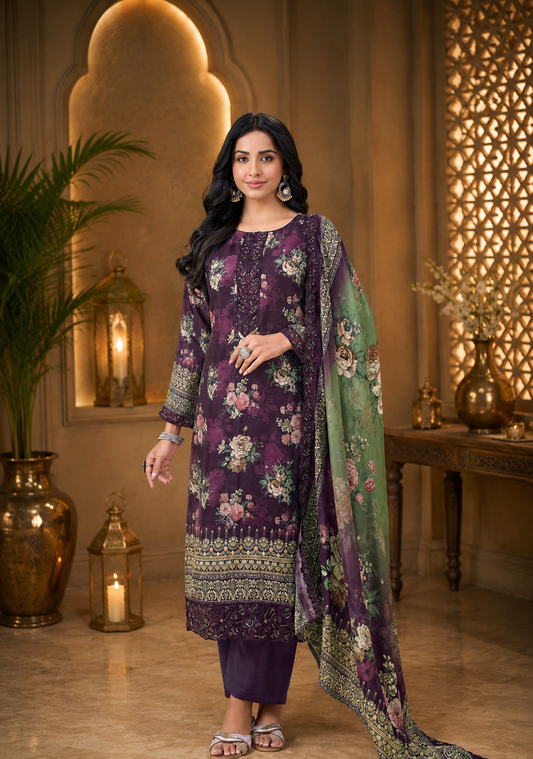 Premium Plum Pure Muslin Suit Set with Thread Embroidery & Handwork