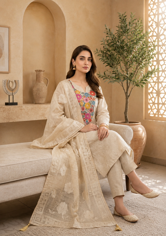 Premium Beige Jamdani Suit Set with Floral Thread Embroidery