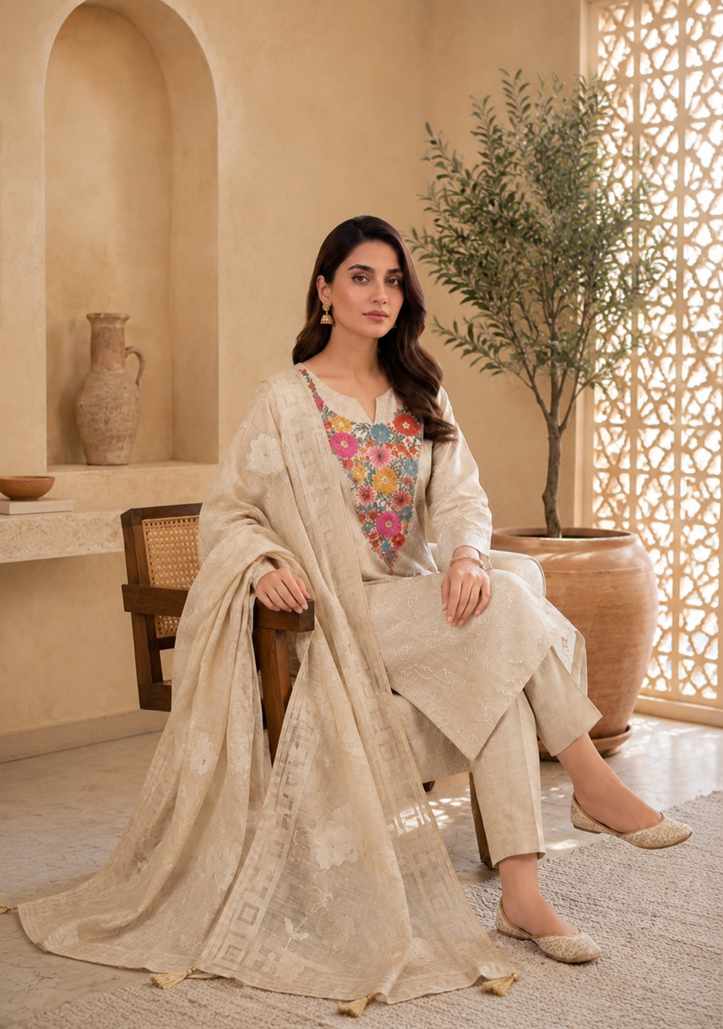 Premium Beige Jamdani Suit Set with Floral Thread Embroidery