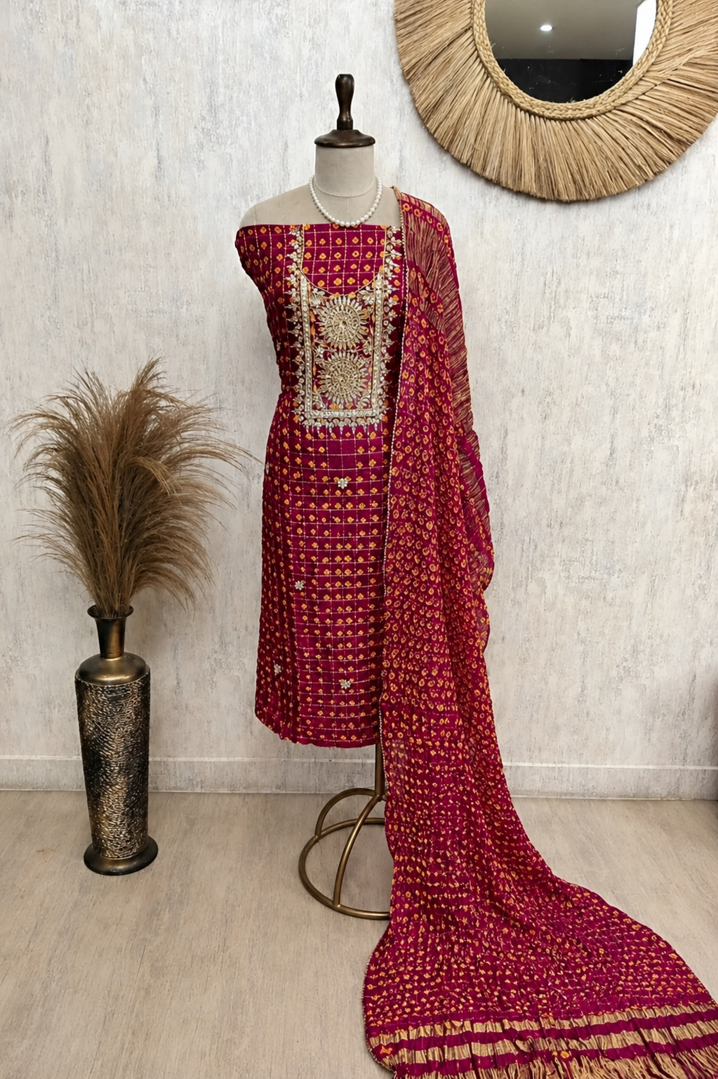 Ruby Red Bandhej Gaji Silk Suit Set with Gaji Silk Dupatta
