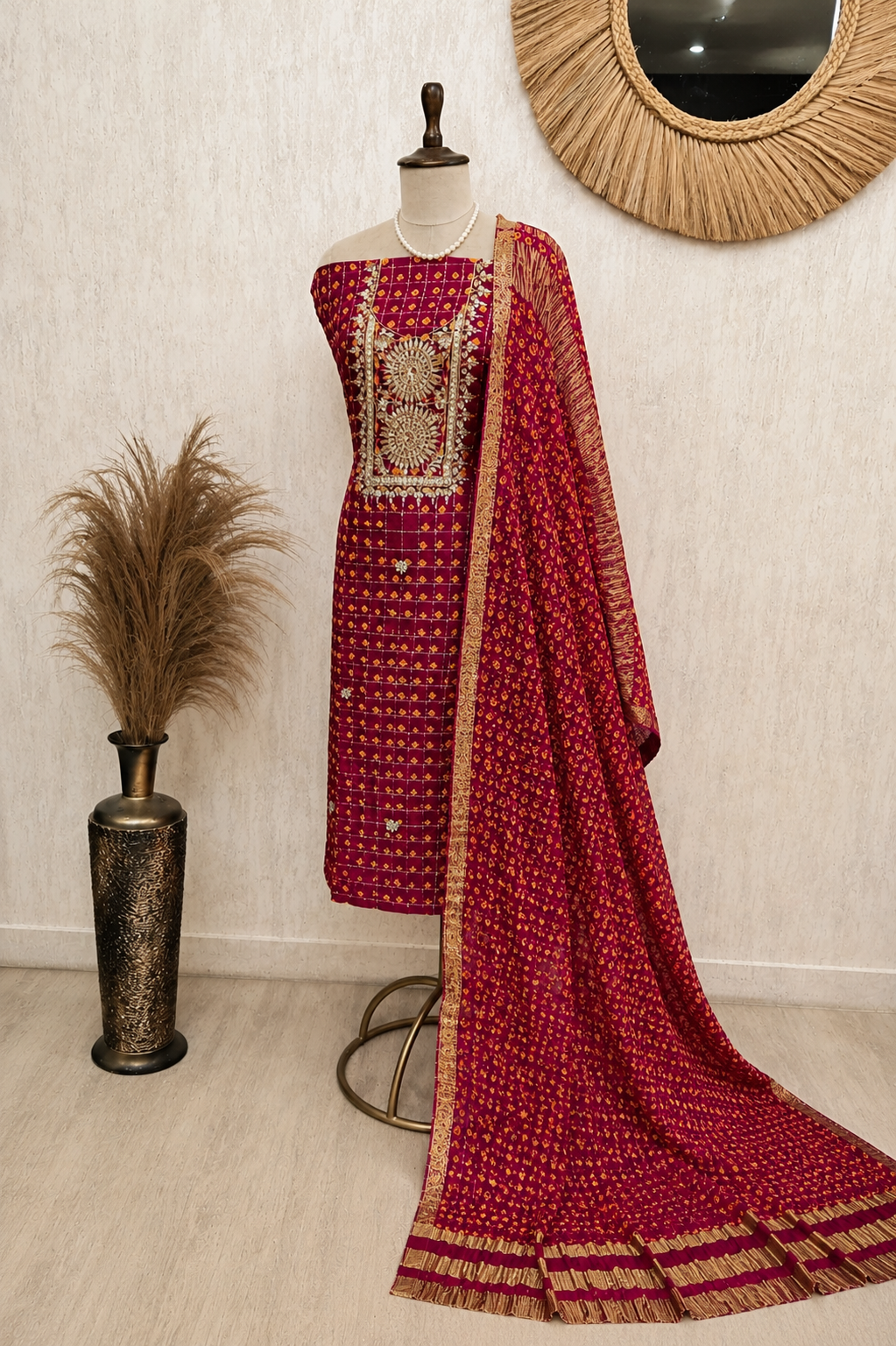 Ruby Red Bandhej Gaji Silk Suit Set with Gaji Silk Dupatta