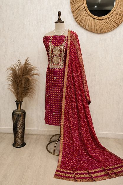 Ruby Red Bandhej Gaji Silk Suit Set with Gaji Silk Dupatta