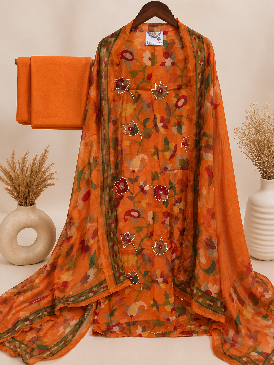 Sunset Orange Burberry Floral Suit Set with Burberry Dupatta
