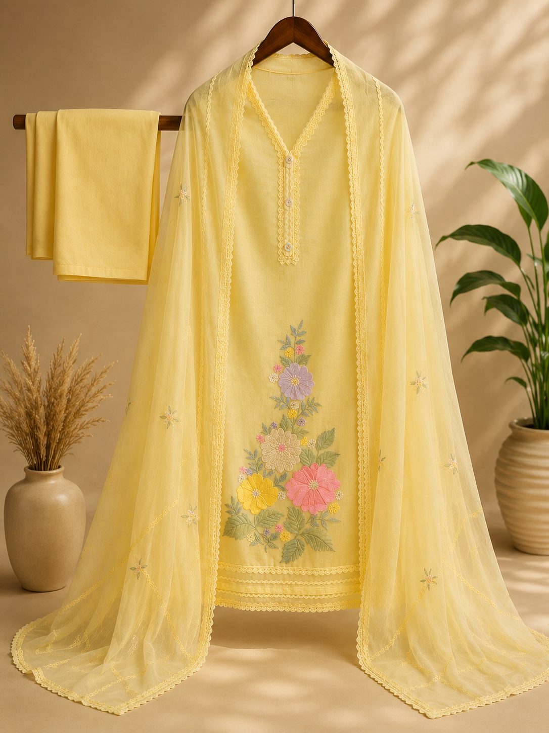 Butter Yellow Mul Chanderi Embroidered Suit Set with Mul Chanderi Dupatta