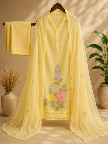 Butter Yellow Mul Chanderi Embroidered Suit Set with Mul Chanderi Dupatta