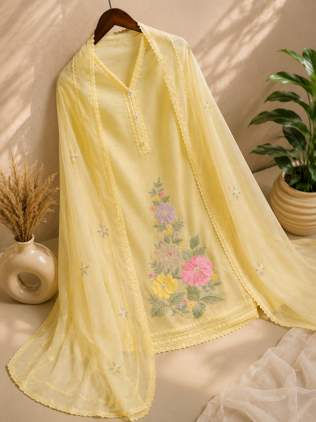 Butter Yellow Mul Chanderi Embroidered Suit Set with Mul Chanderi Dupatta