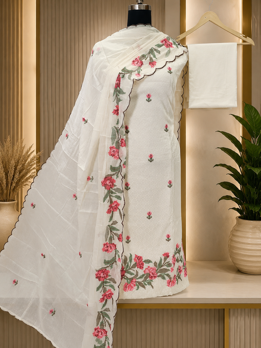 Ivory White Cotton Cross Stitch Embroidered Suit Set with Mul Cotton Dupatta