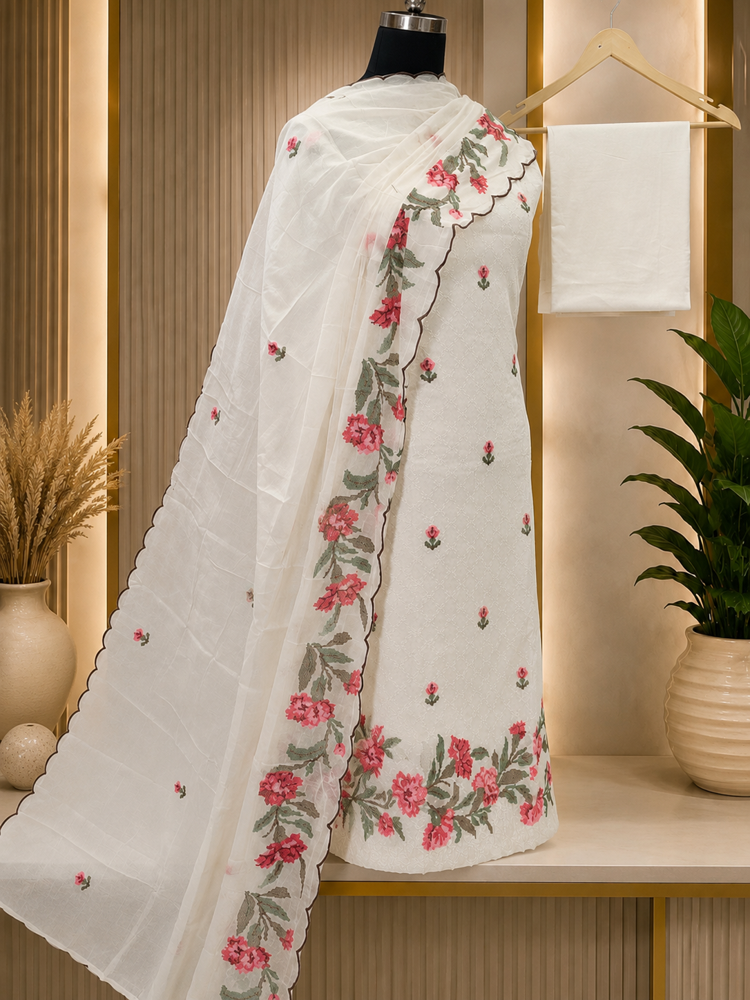 Ivory White Cotton Cross Stitch Embroidered Suit Set with Mul Cotton Dupatta