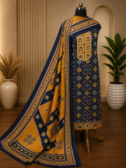 Royal Navy Blue Patola Print Jam Cotton Suit Set with Muslin Dupatta