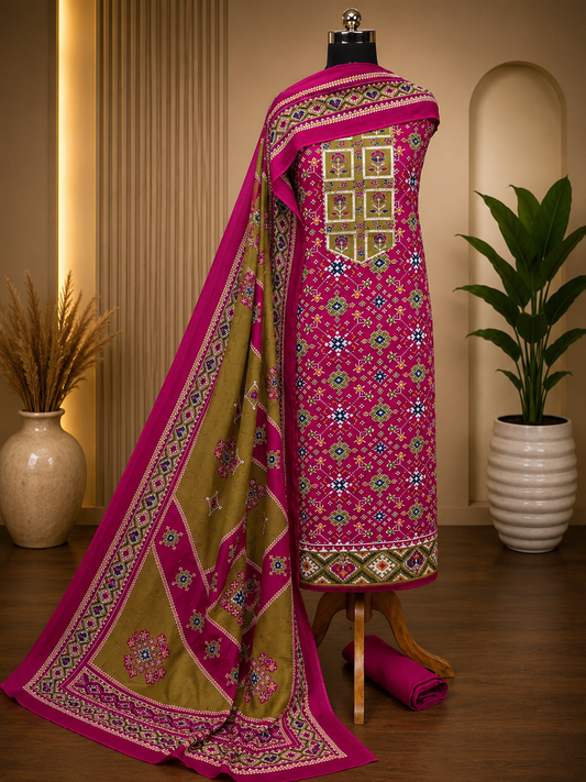 Royal Magenta Patola Print Jam Cotton Suit Set with Muslin Dupatta
