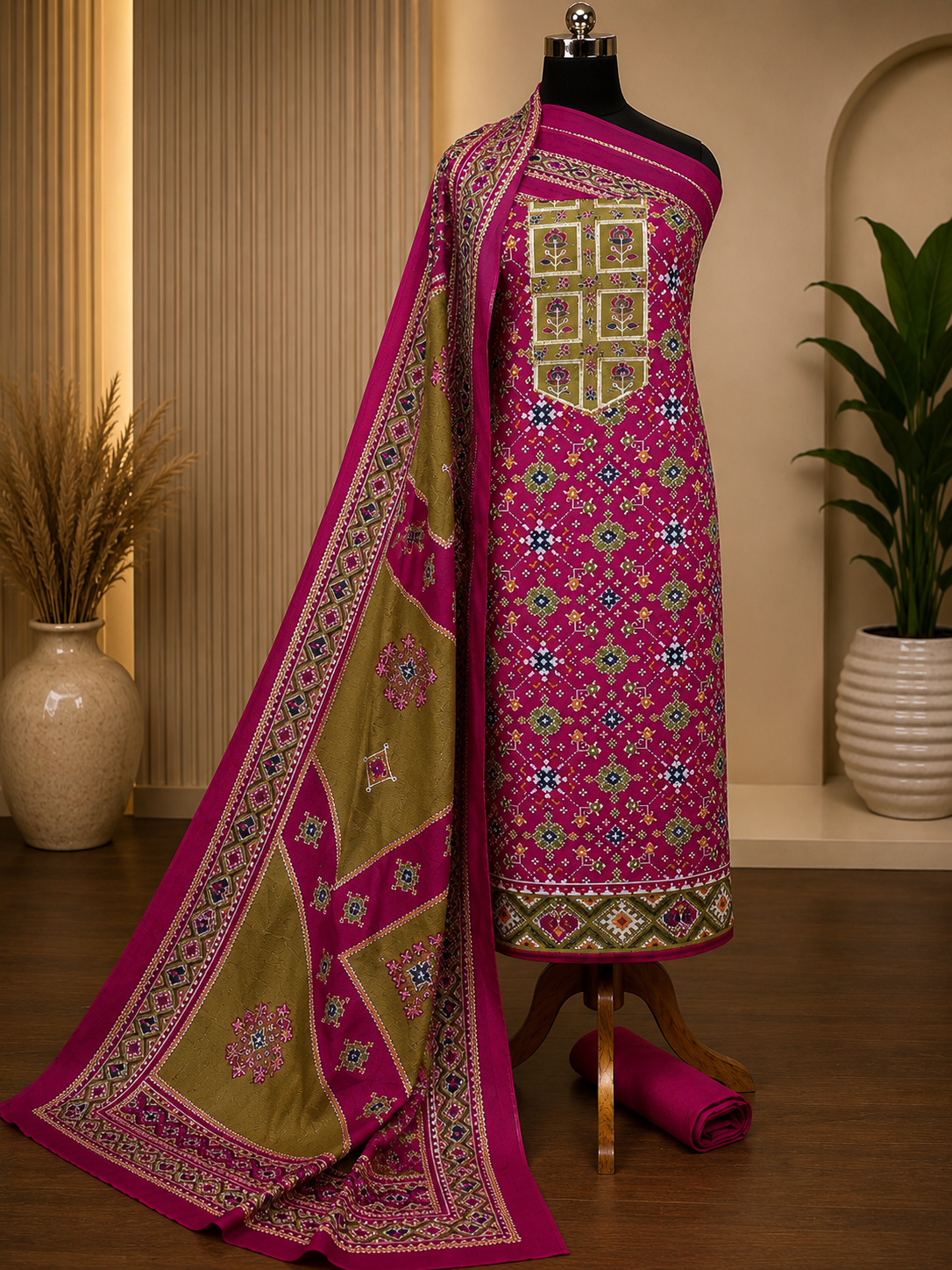 Royal Magenta Patola Print Jam Cotton Suit Set with Muslin Dupatta