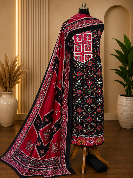 Classic Black Patola Print Jam Cotton Suit Set with Muslin Dupatta
