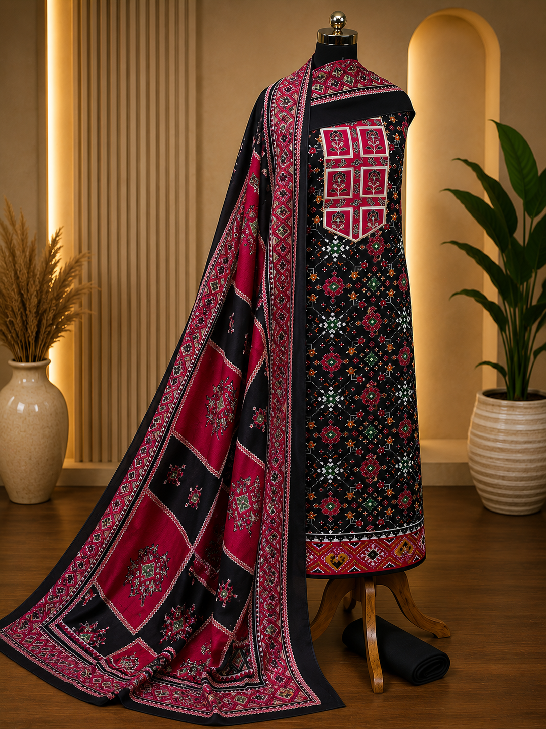 Classic Black Patola Print Jam Cotton Suit Set with Muslin Dupatta